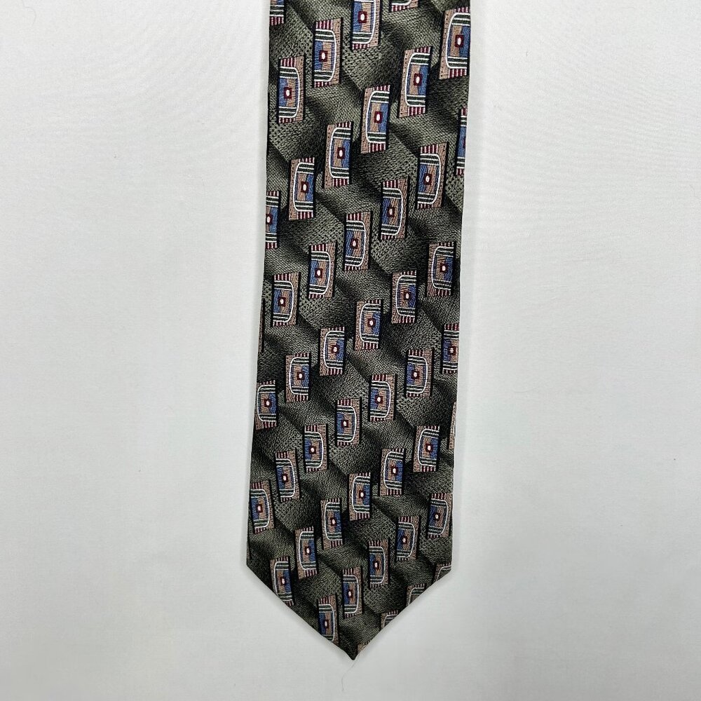 Vtg Picone Men’s Neck Tie 4” Black Blue Beige Silk Geometric Necktie USA